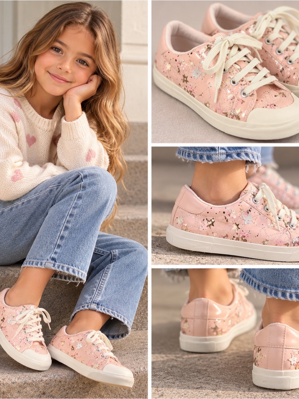 Zara Pink Star Glitter Lace-Up Sneakers for Kids